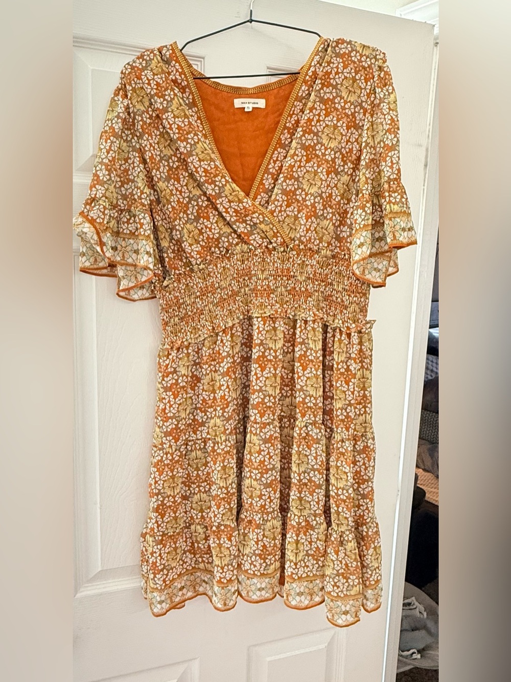 Rust Floral Smocked V-Neck Mini Dress